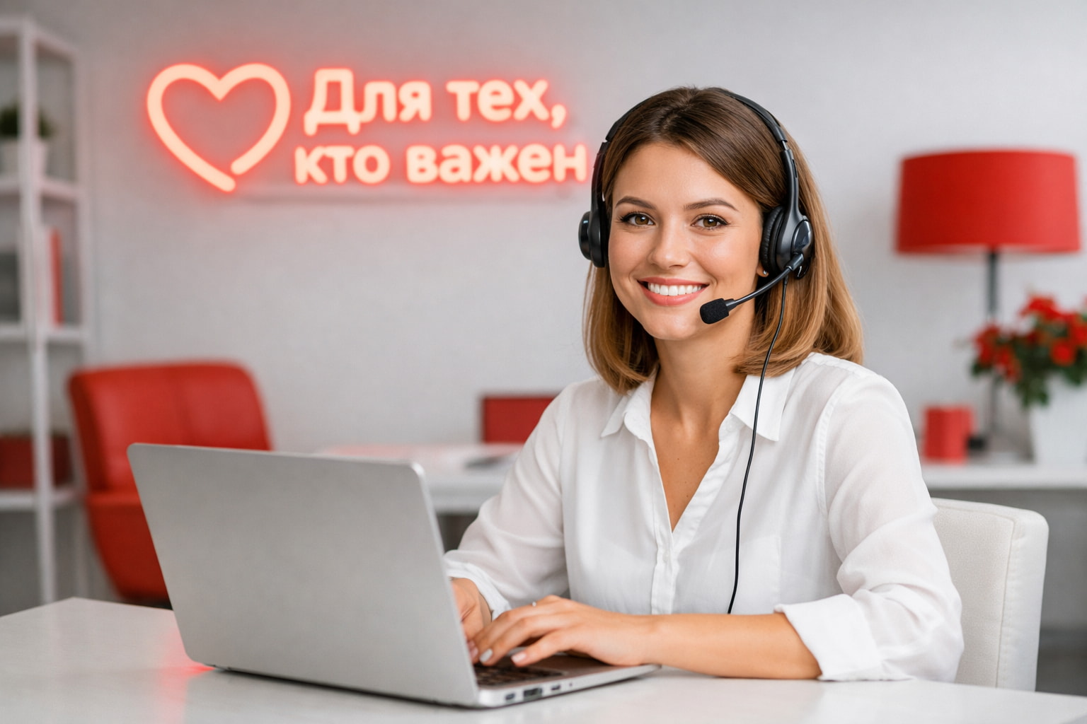 Менеджер страховой компании «Для тех, кто важен» консультирует клиента за ноутбуком в офисе