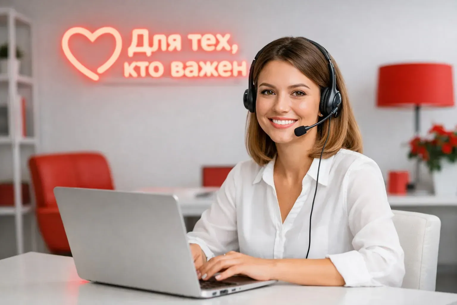 Менеджер страховой компании «Для тех, кто важен» консультирует клиента за ноутбуком в офисе